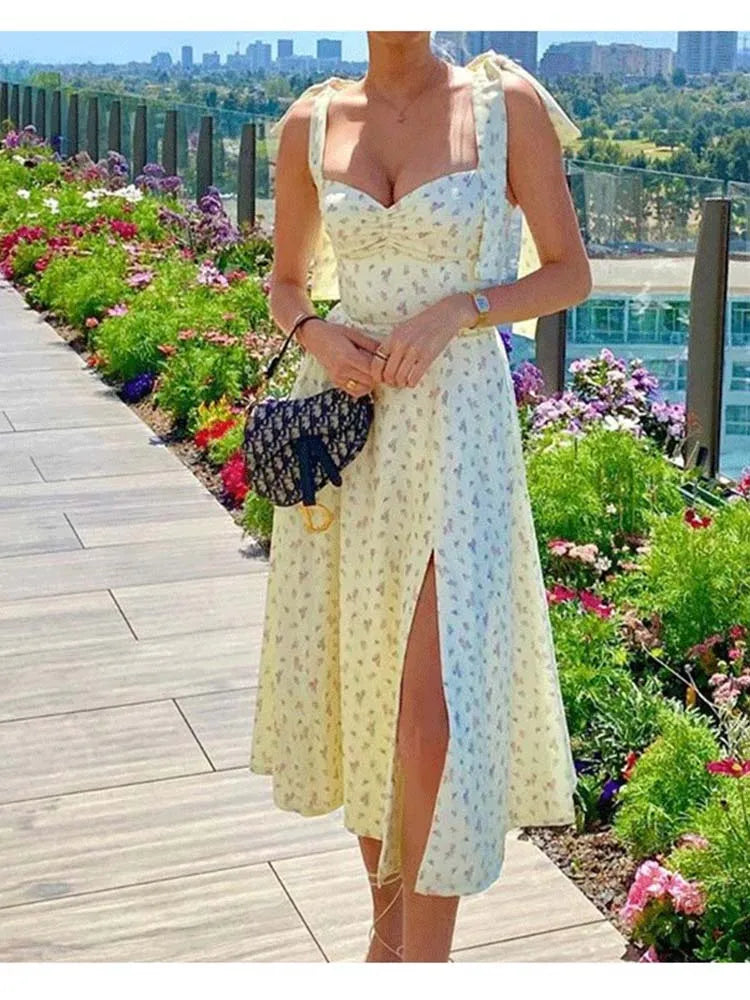 Floral Print Knot Straps Boho Dress