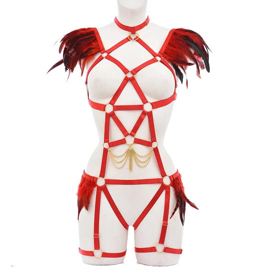 Gothic Spandex With Feathers Body Harness Body Harness - The Burner Shop