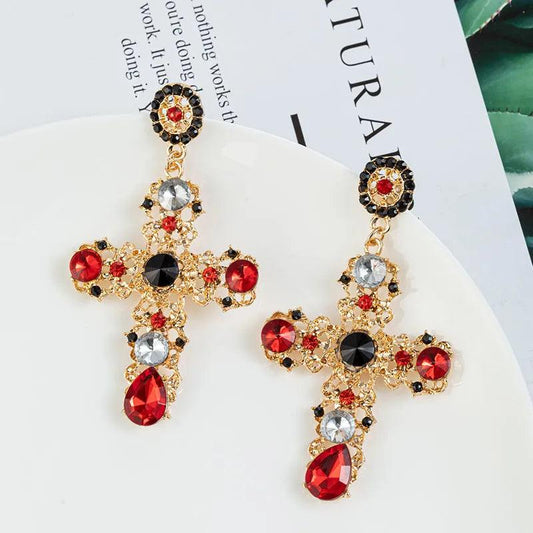 Vintage Crystal Cross Drop Earrings Earrings - The Burner Shop