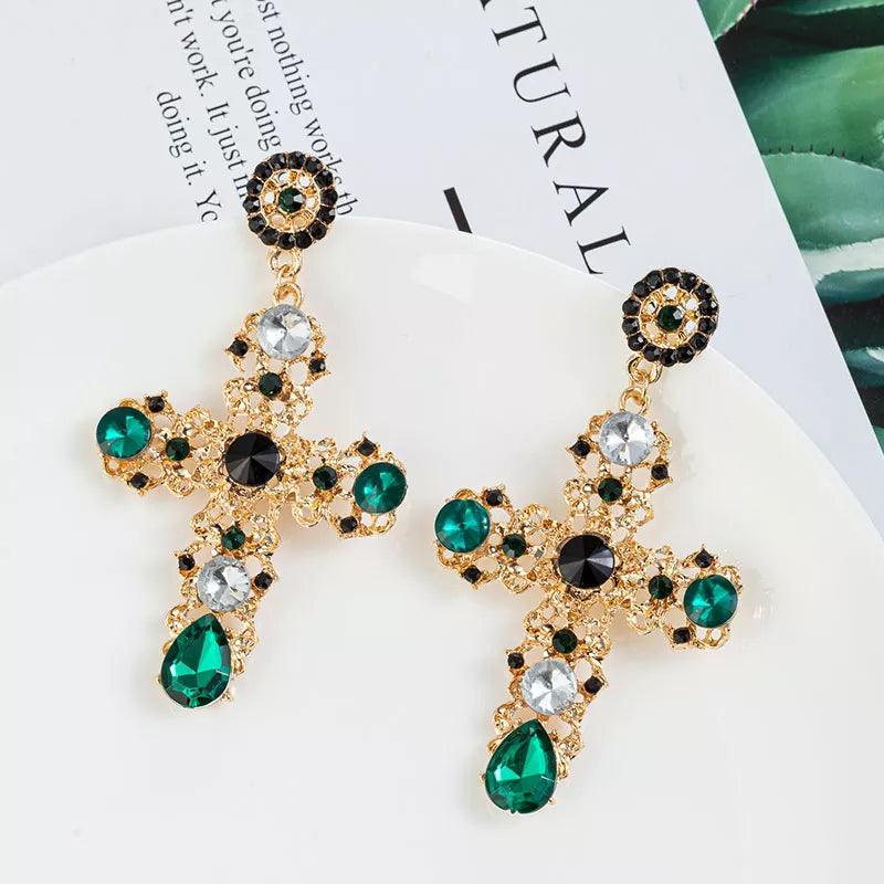 Vintage Crystal Cross Drop Earrings Earrings - The Burner Shop