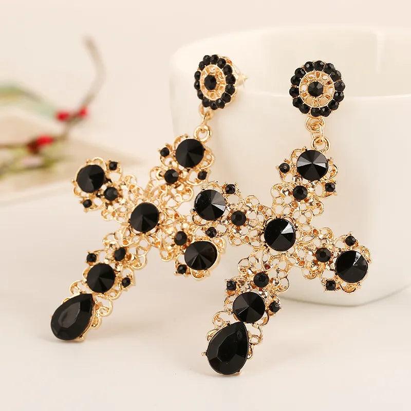 Vintage Crystal Cross Drop Earrings Earrings - The Burner Shop