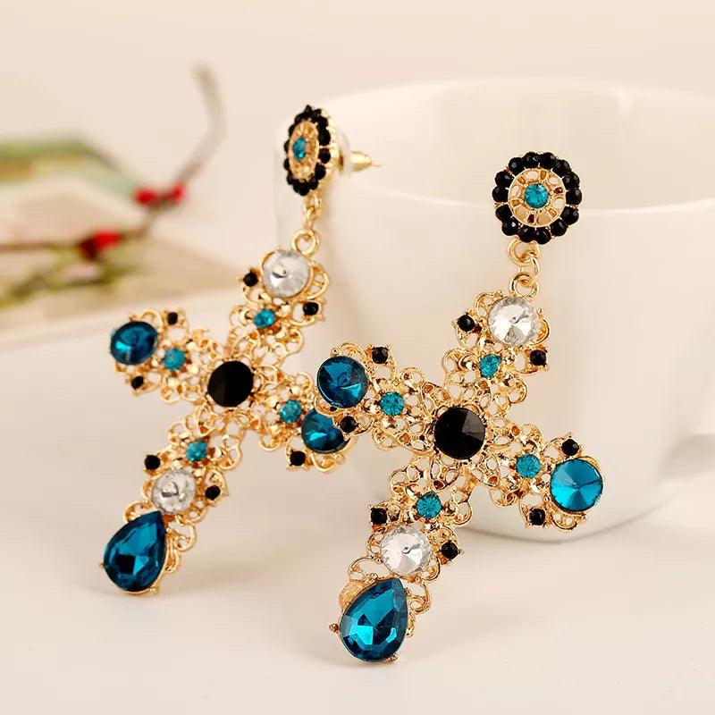 Vintage Crystal Cross Drop Earrings Earrings - The Burner Shop