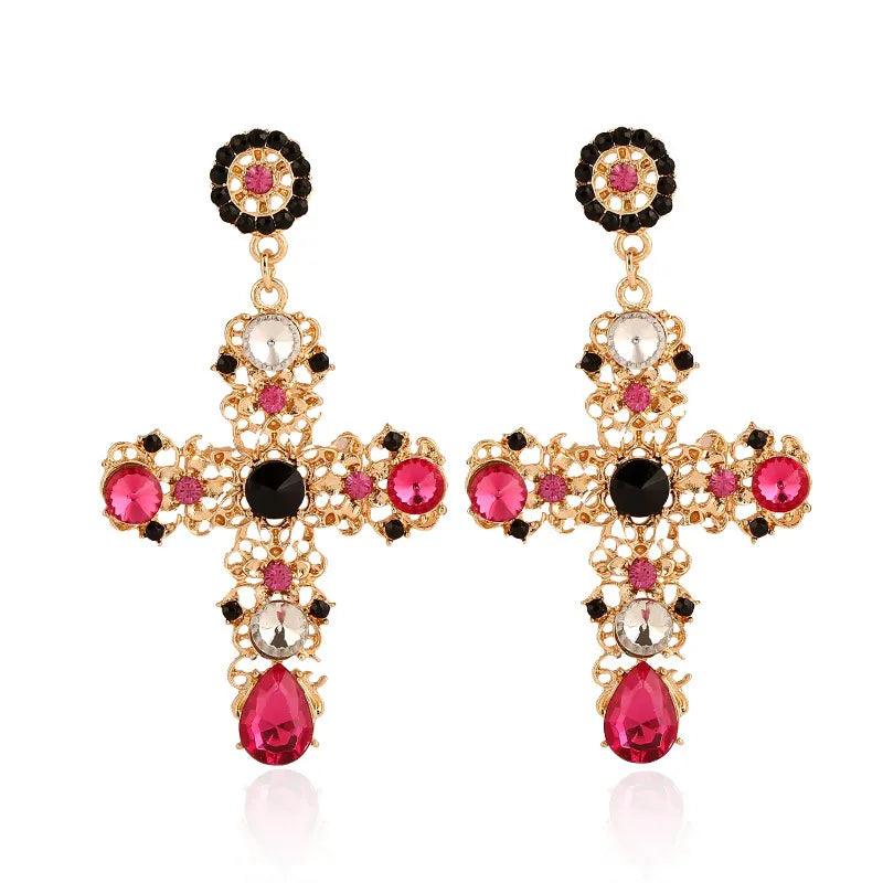 Vintage Crystal Cross Drop Earrings Earrings - The Burner Shop