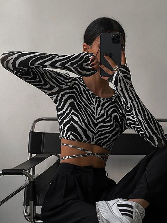 Backless Lace up Zebra Print Cop Top tops - The Burner Shop