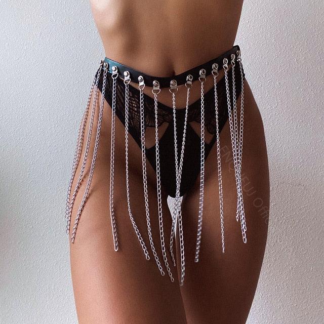Black Leather Goth Chain Belt Harness Belts - The Burner Shop