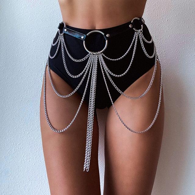 Black Leather Goth Chain Belt Harness Belts - The Burner Shop
