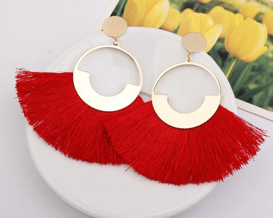 Bohemian Ethnic Handmade Circle Fan Shaped Long Tassel Drop Earrings Earrings - The Burner Shop