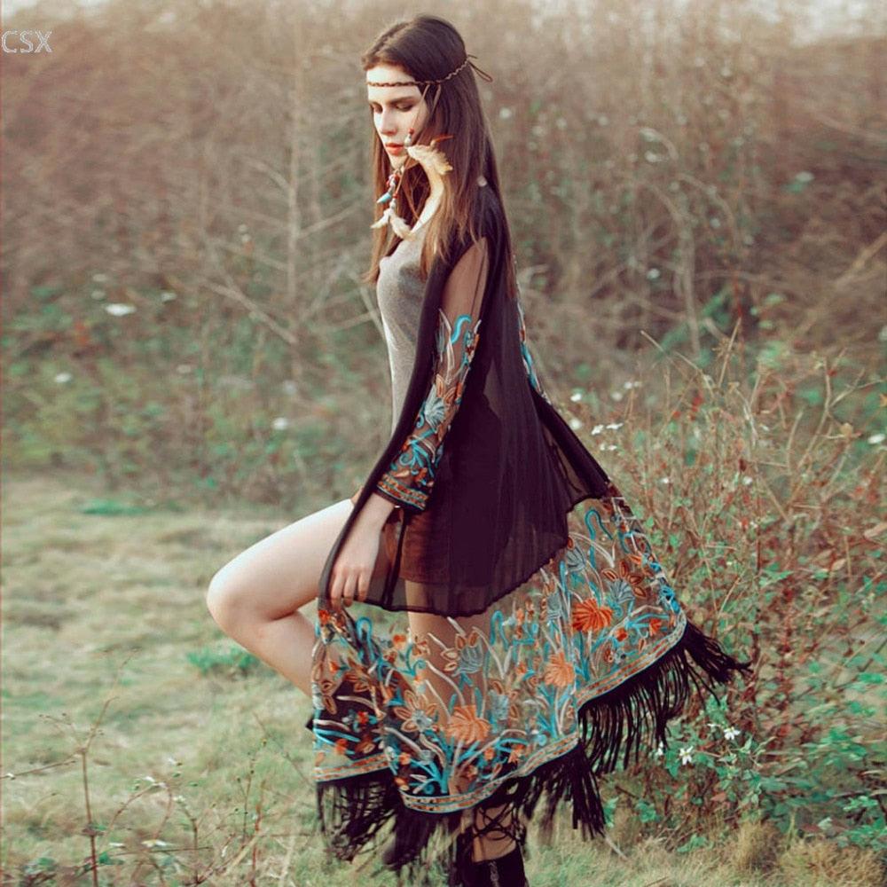 Bohemian Flower Embroidery Chiffon Cardigan Cardigans - The Burner Shop