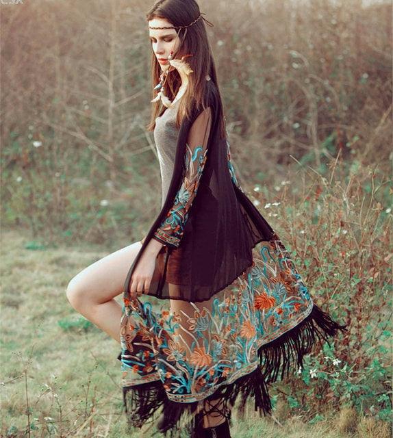 Bohemian Flower Embroidery Chiffon Cardigan Cardigans - The Burner Shop