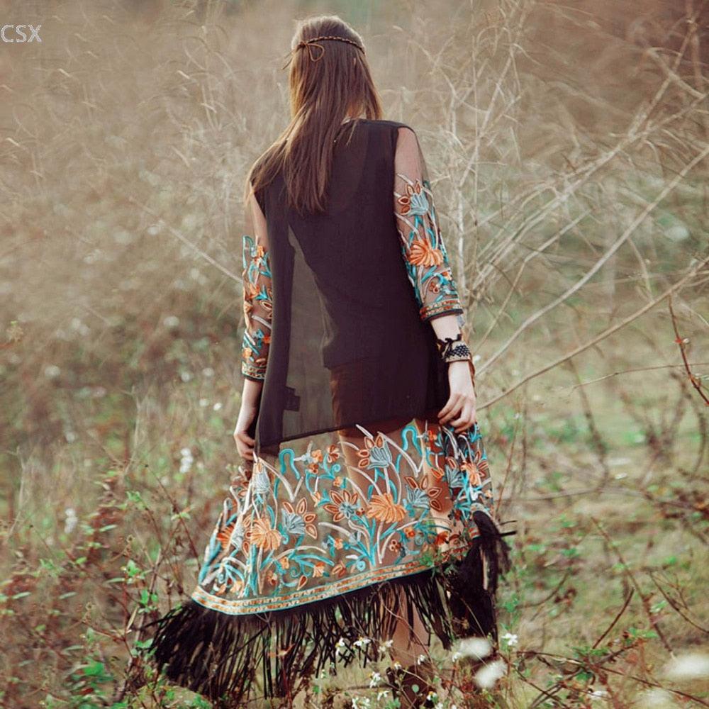 Bohemian Flower Embroidery Chiffon Cardigan Cardigans - The Burner Shop
