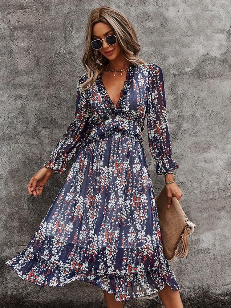 Summer Spring Floral Print Deep V-neck Long Sleeve Dresses, Burgundy / S Summer Spring Floral Print Deep V-neck Long Sleeve Dresses, Burgundy / S