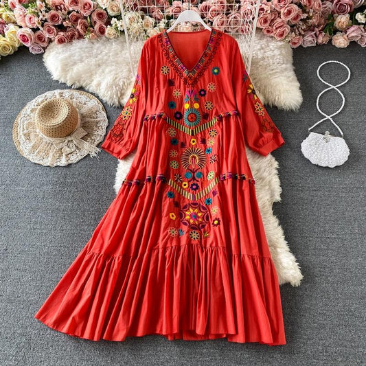 Boho Chic Floral Embroidery Dress Dresses - The Burner Shop