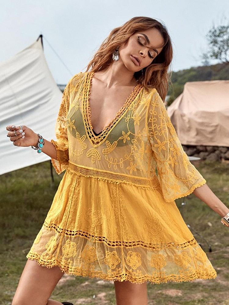 Boho Lace Beach Dress Perfect for Beachwear and Cover Ups, White Boho Lace Beach Dress Perfect for Beachwear and Cover Ups, White