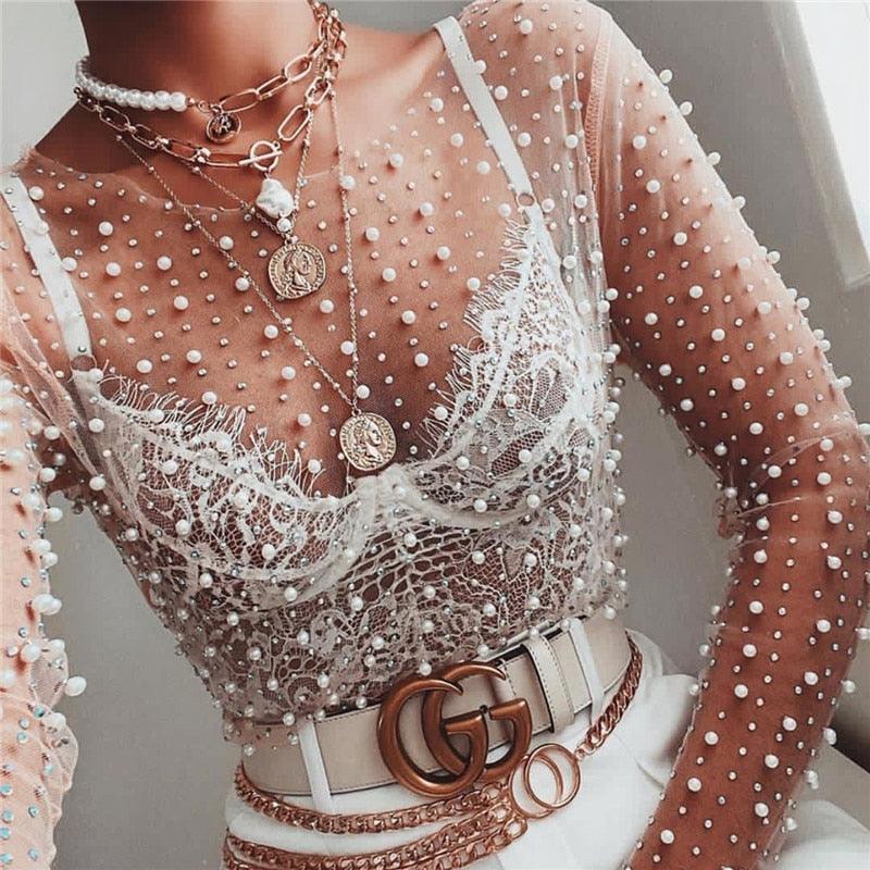 Boho Chic Pearl Mesh Top Tops - The Burner Shop