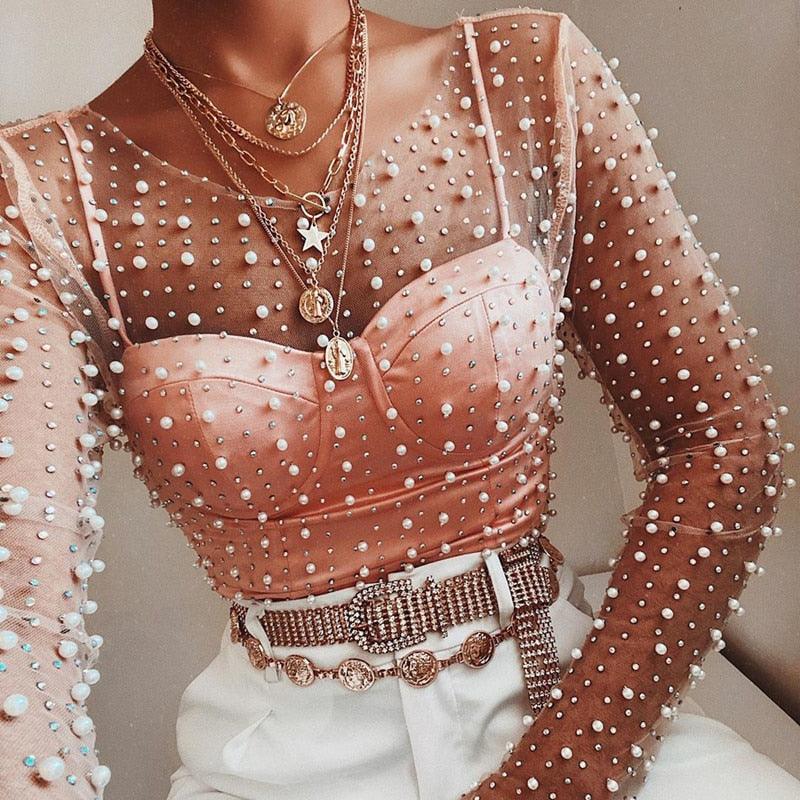 Boho Chic Pearl Mesh Top Tops - The Burner Shop