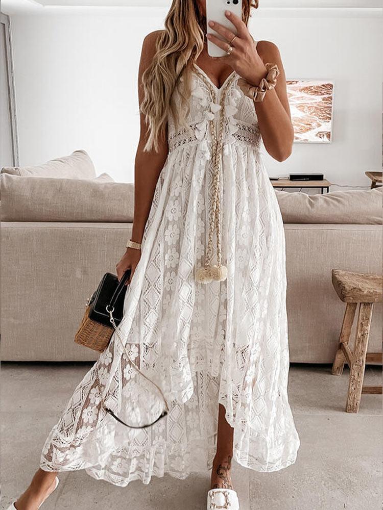 Boho Lace Dress White Sexy Casual Solid Sleeveless V Neck Swing Long Cami Vacation Dress(2XL) Boho Lace Dress White Sexy Casual Solid Sleeveless V Neck Swing Long Cami Vacation Dress(2XL)