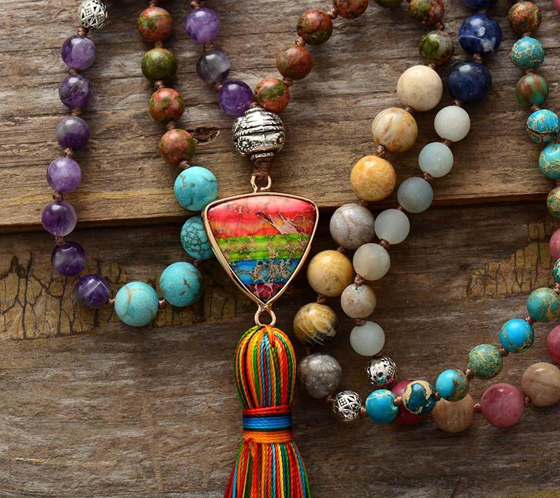 Boho Colourful Natural Stone Necklace with Tassels Necklaces - The Burner Shop
