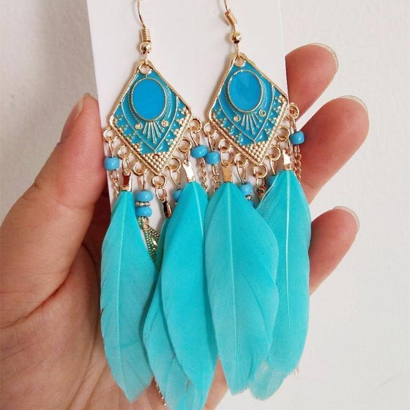 Boho Long Feather Dangle Earrings Earrings - The Burner Shop