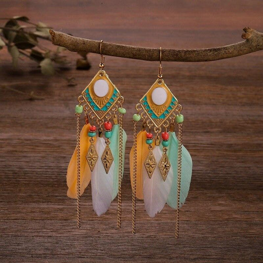 Boho Long Feather Dangle Earrings Earrings - The Burner Shop