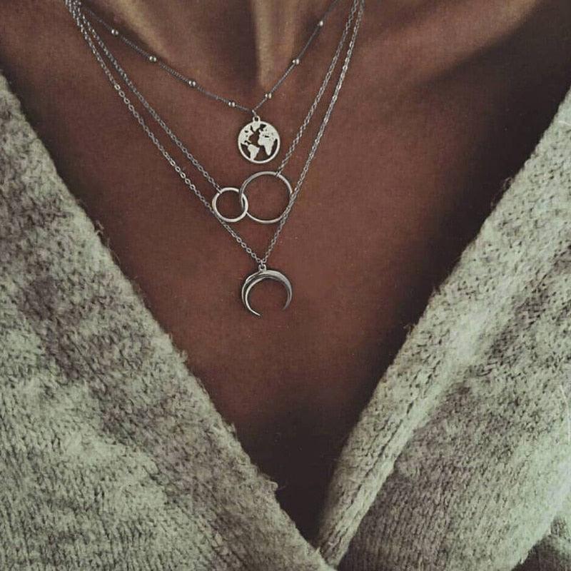 Boho Moon and World Map Pendant Necklaces - The Burner Shop