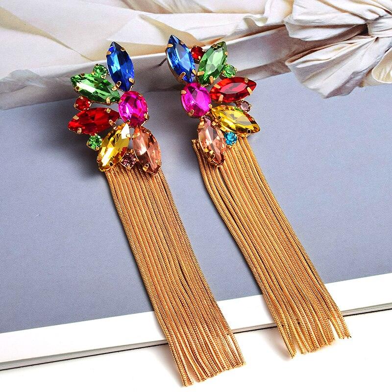 Colorful Crystal Long Metal Chain Dangle Earrings Earrings - The Burner Shop