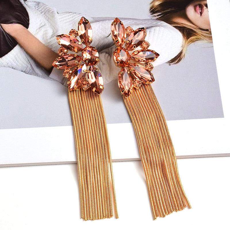 Colorful Crystal Long Metal Chain Dangle Earrings Earrings - The Burner Shop