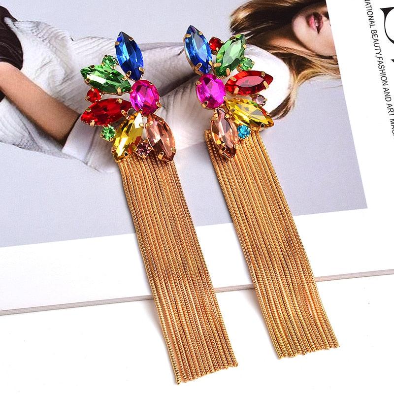 Colorful Crystal Long Metal Chain Dangle Earrings Earrings - The Burner Shop