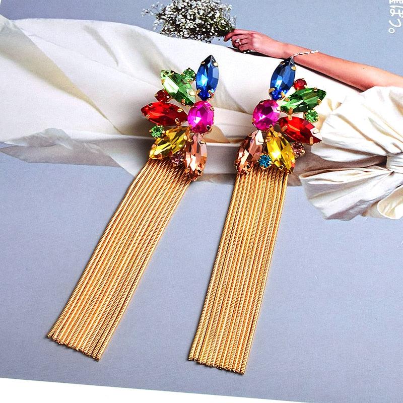 Colorful Crystal Long Metal Chain Dangle Earrings Earrings - The Burner Shop