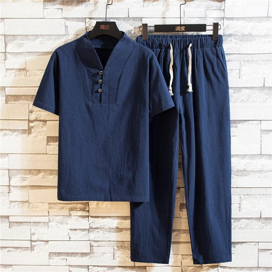 Cotton and Linen Short Sleeve T-shirt & Pant Set Shirts - The Burner Shop