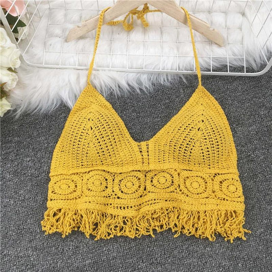 Crochet Tassel Halter Neck Crop Top Tops - The Burner Shop