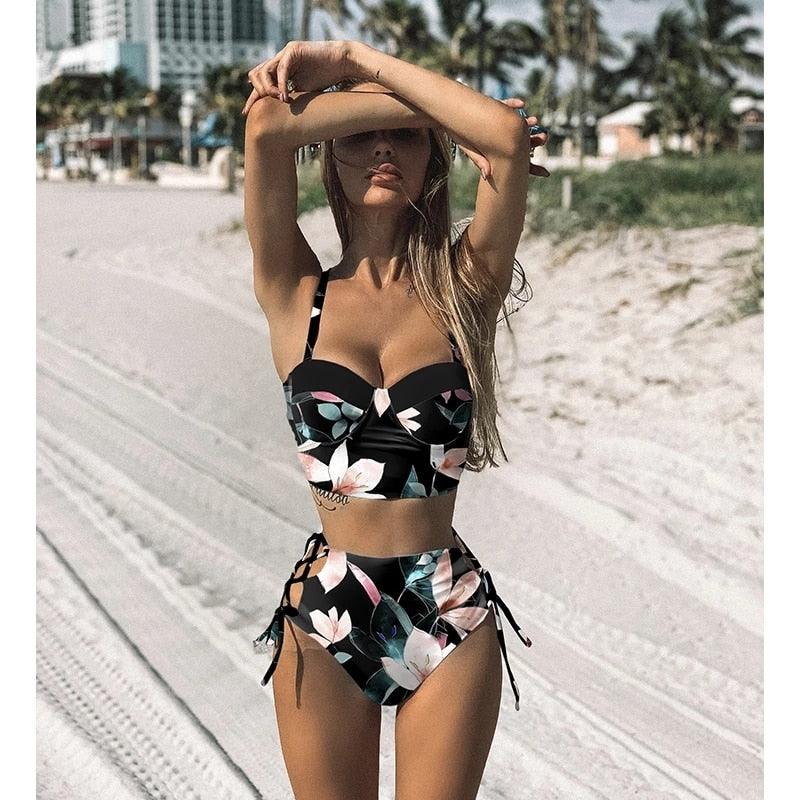 Floral Boho High Waist Bikini Set Swimwear - The Burner Shop