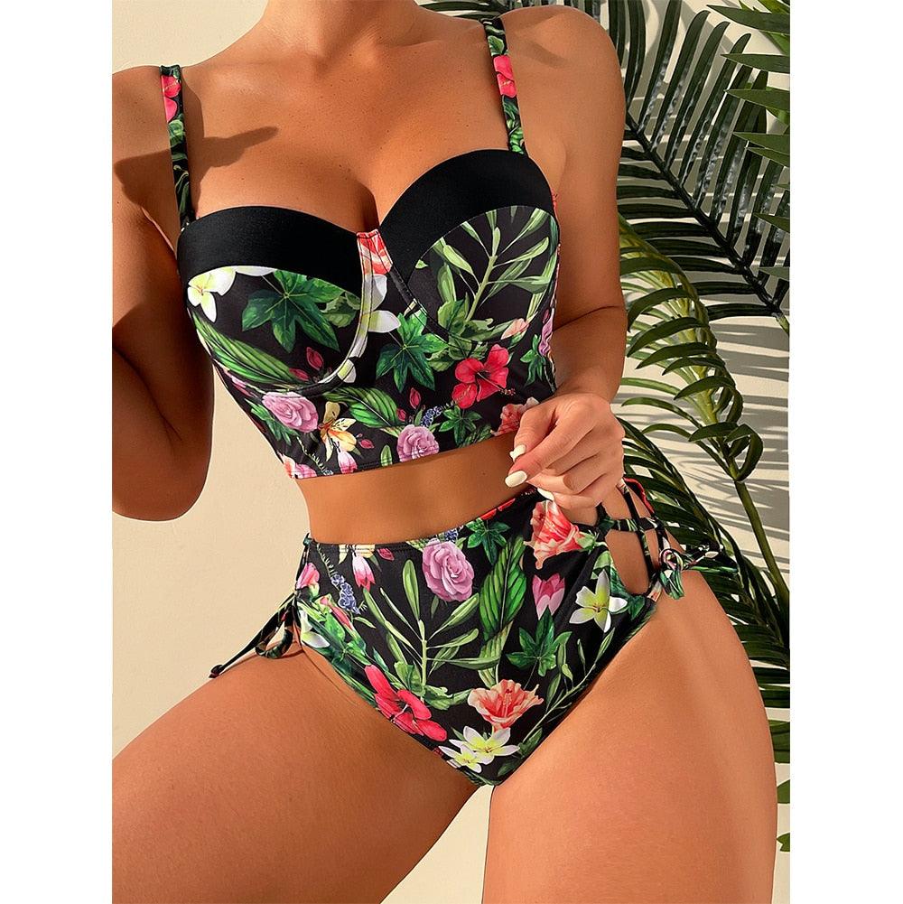 Floral Boho High Waist Bikini Set Swimwear - The Burner Shop