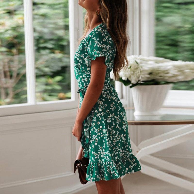 Floral Print Boho Ruffle Sleeve Dress Dresses - The Burner Shop
