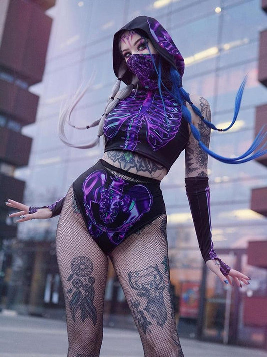 Gothic Hooded Skeleton Print Outfit 3PCS Costumes - The Burner Shop