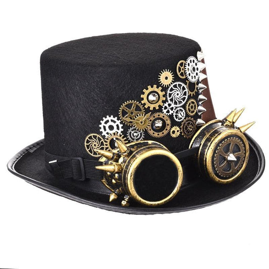 Handmade Unisex Leather Gears and Spikes Top Hat with Goggles Hats - The Burner Shop