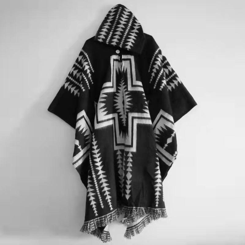 Knitted Ethnic Print Poncho Ponchos - The Burner Shop