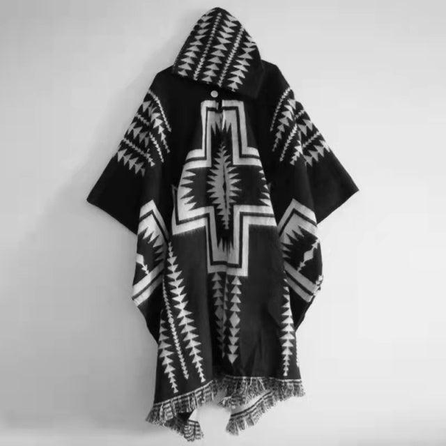 Knitted Ethnic Print Poncho Ponchos - The Burner Shop
