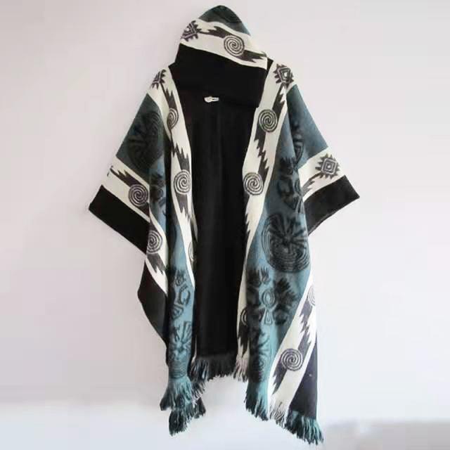 Knitted Ethnic Print Poncho Ponchos - The Burner Shop