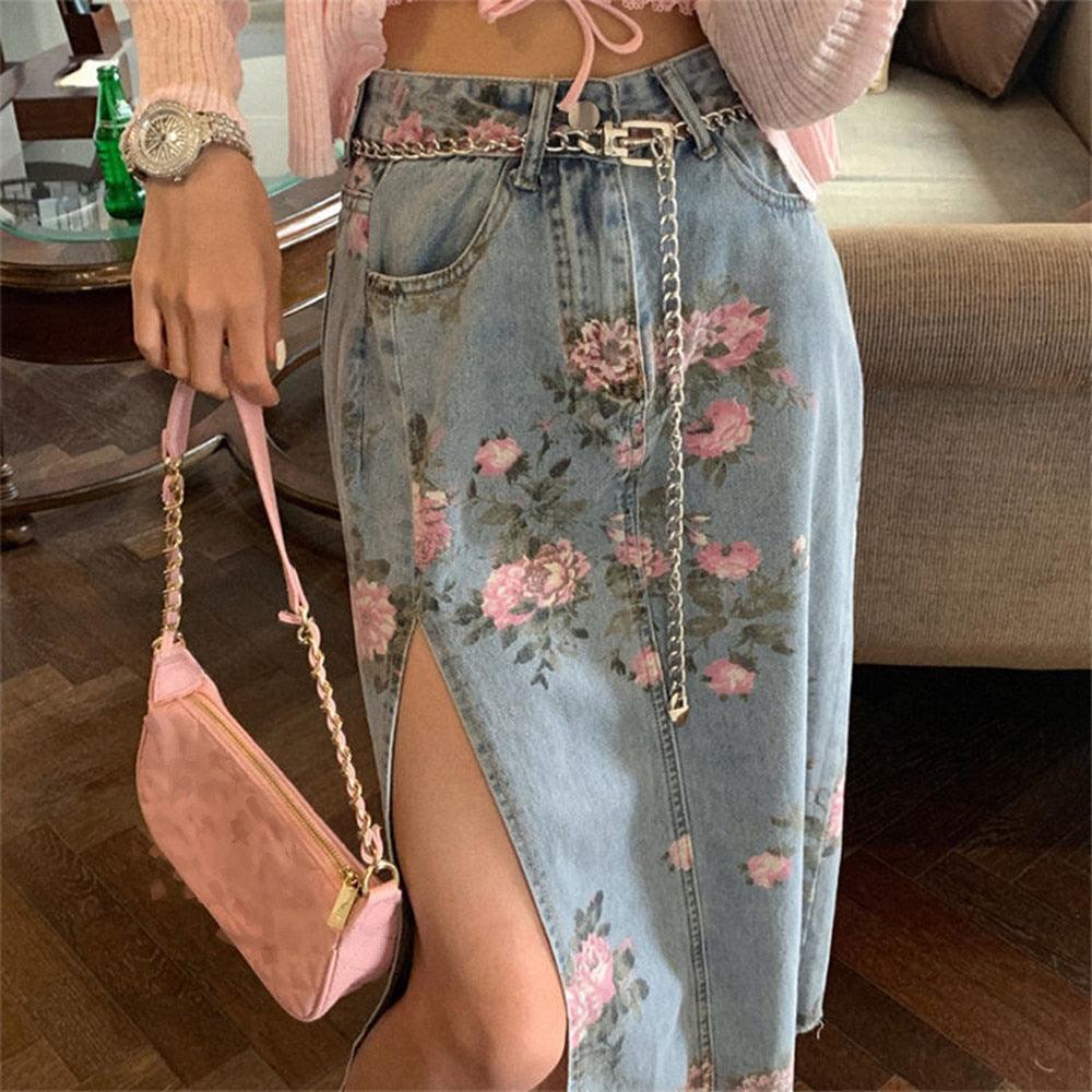 Long Denim Floral Print Skirt Skirts - The Burner Shop