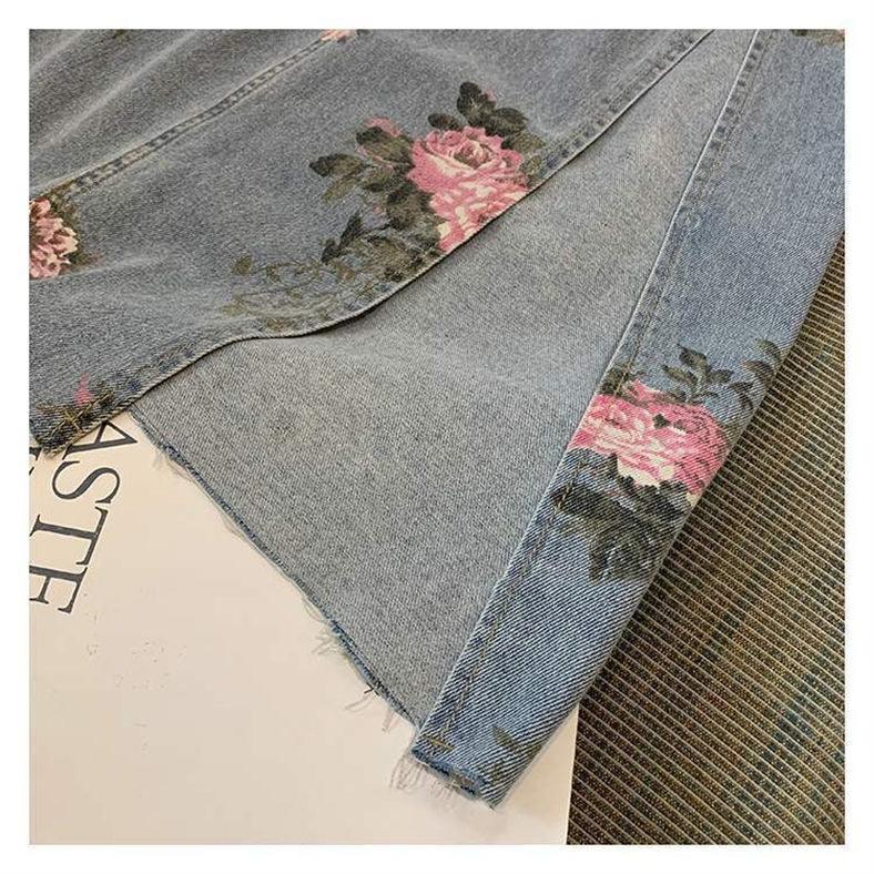 Long Denim Floral Print Skirt Skirts - The Burner Shop