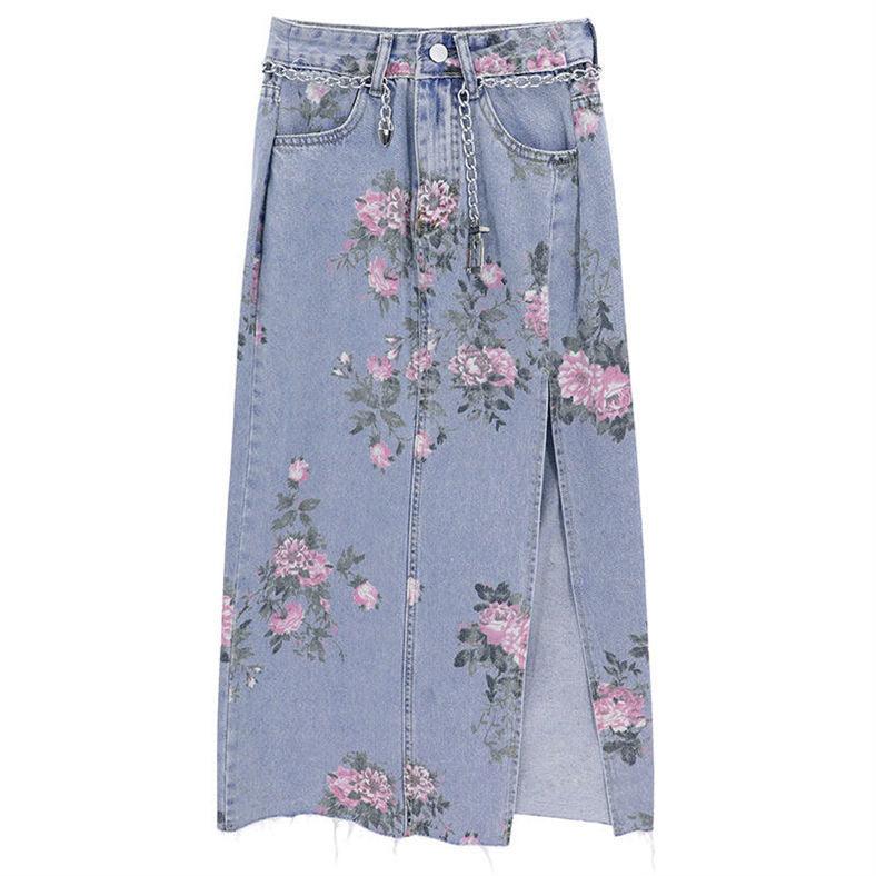 Long Denim Floral Print Skirt Skirts - The Burner Shop