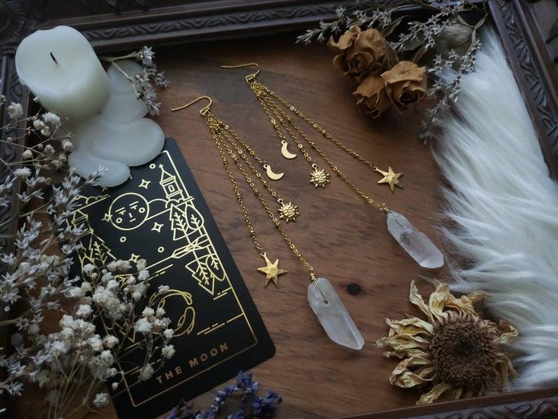 Quartz Brass Sun & Moon Earrings Earrings - The Burner Shop