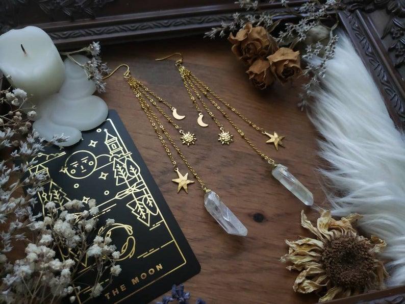 Quartz Brass Sun & Moon Earrings Earrings - The Burner Shop