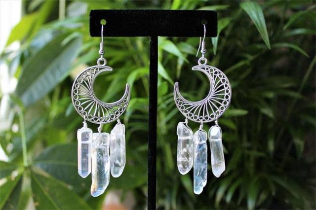 Rainbow Quartz Crystal Earrings Crescent Moon Earrings - The Burner Shop