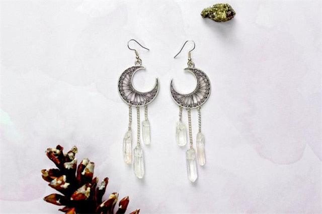 Rainbow Quartz Crystal Earrings Crescent Moon Earrings - The Burner Shop
