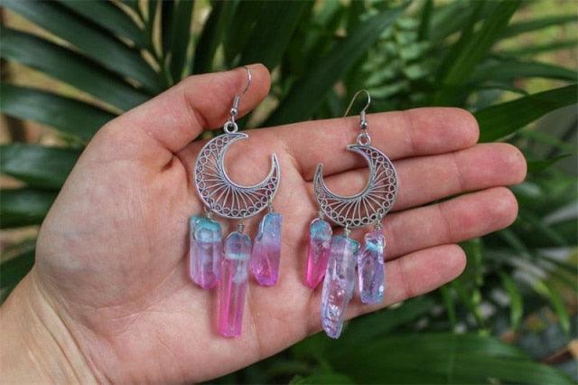 Rainbow Quartz Crystal Earrings Crescent Moon Earrings - The Burner Shop