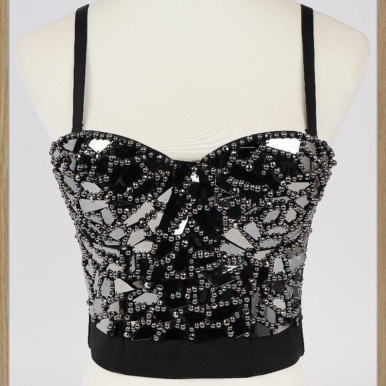 Reflective Mirror Black Corset Top Tops - The Burner Shop