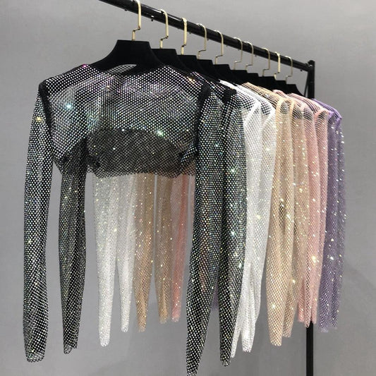 Rhinestone Mesh Crop Top Tops - The Burner Shop