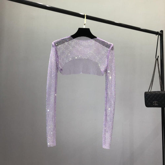 Rhinestone Mesh Crop Top Tops - The Burner Shop