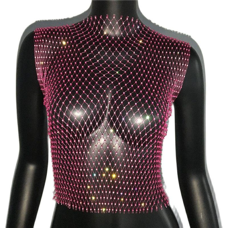 Shiny Rhinestone Mesh Tank Top Tops - The Burner Shop
